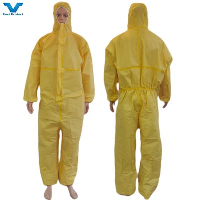 Protección química con ropa de seguridad amarilla desechable con norma EN14605 y CE