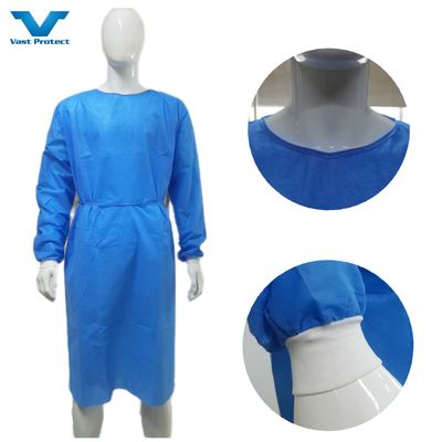 Traje quirúrgico desechable azul suave resistente a fluidos con puños de punto