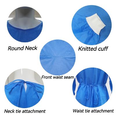 Traje quirúrgico desechable azul suave resistente a fluidos con puños de punto
