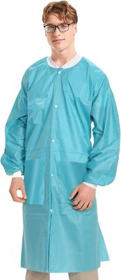 Chaqueta de laboratorio médico SMS para adultos de longitud de rodilla desechable con cuello de manguito de punto y 3 bolsillos