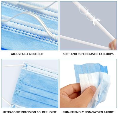Mascarilla facial desechable para adultos de 3 pliegues sin tejido con pinza para la nariz y bucle para las orejas
